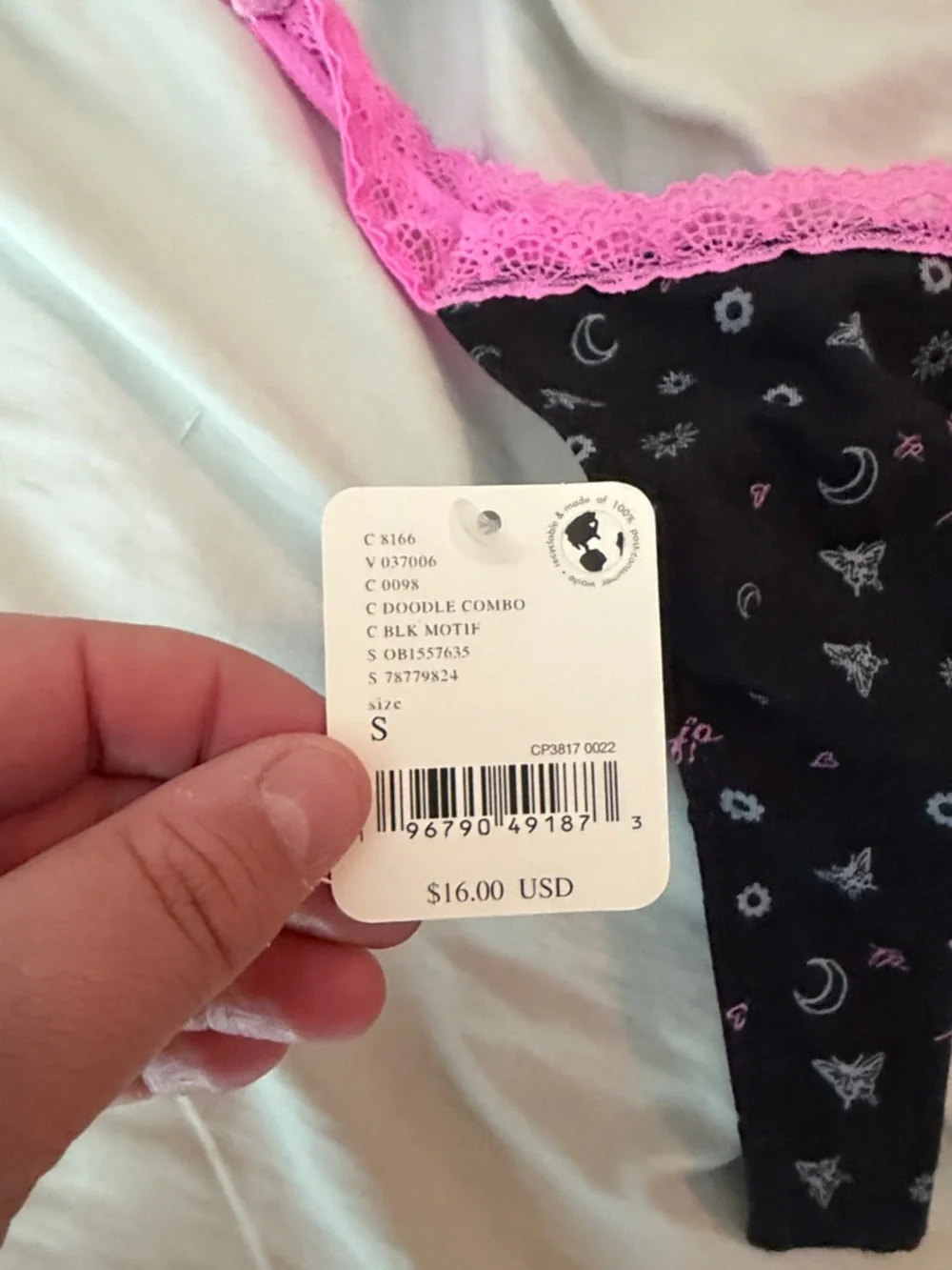 NWT free people Black & Hot Pink‎ Lace Thong with Moon Print